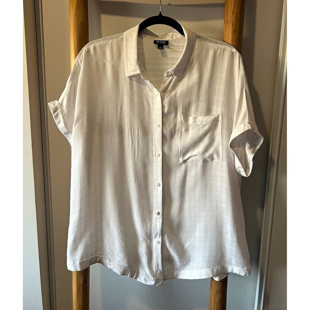 a.n.a White Solid Woven Rayon Collared Short Sleeve Button-Up Blouse Size L